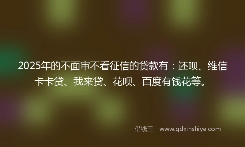 2025年的不面审不看征信的贷款有：还呗、维信卡卡贷、我来贷、花呗、百度有钱花等。