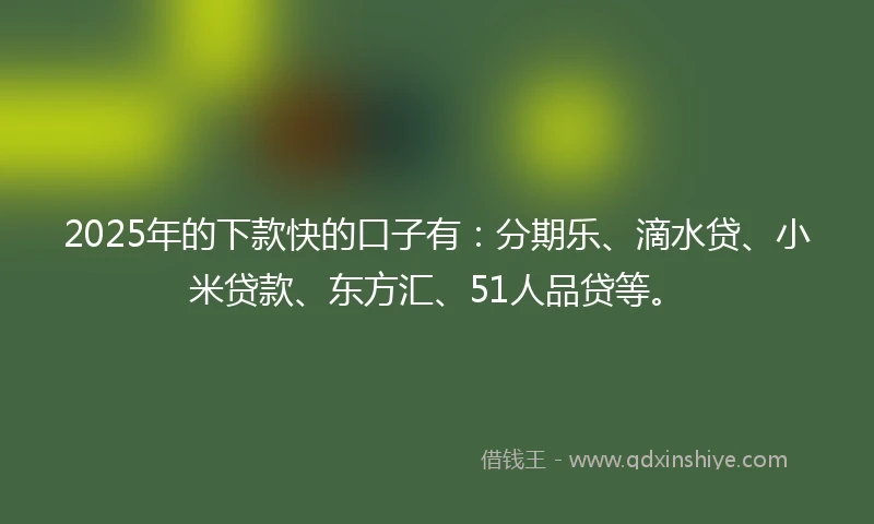 2025年的下款快的口子有：分期乐、滴水贷、小米贷款、东方汇、51人品贷等。