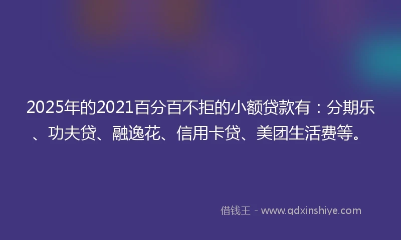 2025年的2021百分百不拒的小额贷款有：分期乐、功夫贷、融逸花、信用卡贷、美团生活费等。