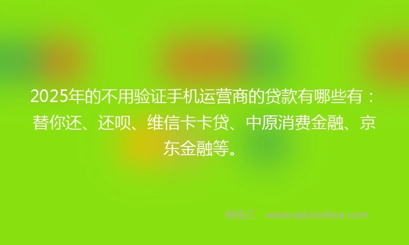 2025年的不用验证手机运营商的贷款有哪些有：替你还、还呗、维信卡卡贷、中原消费金融、京东金融等。