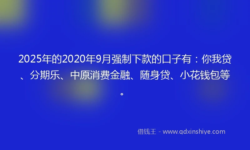 2025年的2020年9月强制下款的口子有：你我贷、分期乐、中原消费金融、随身贷、小花钱包等。