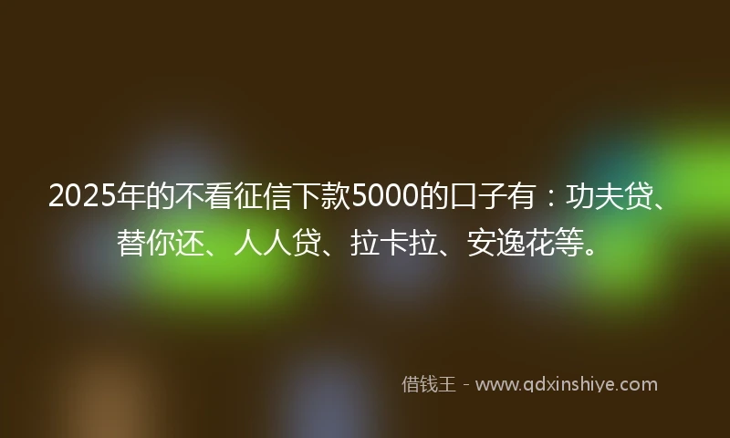 2025年的不看征信下款5000的口子有：功夫贷、替你还、人人贷、拉卡拉、安逸花等。