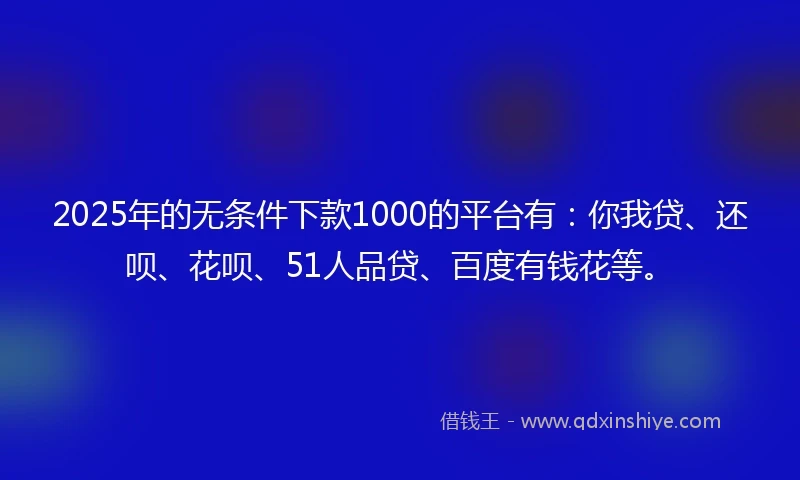 2025年的无条件下款1000的平台有：你我贷、还呗、花呗、51人品贷、百度有钱花等。