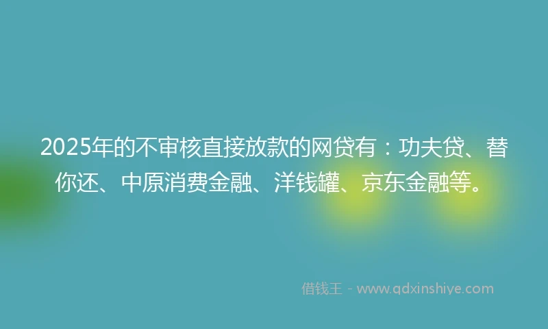 2025年的不审核直接放款的网贷有：功夫贷、替你还、中原消费金融、洋钱罐、京东金融等。
