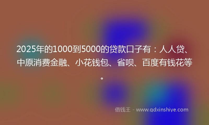 2025年的1000到5000的贷款口子有：人人贷、中原消费金融、小花钱包、省呗、百度有钱花等。