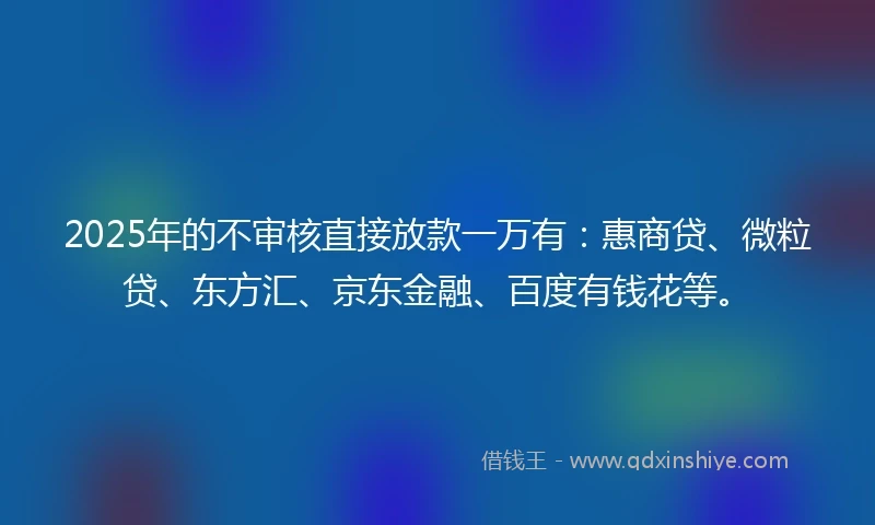 2025年的不审核直接放款一万有:惠商贷、微粒贷、东方汇、京东金融、百度有钱花等。