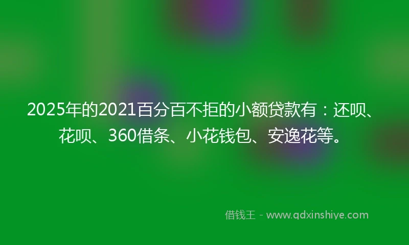 2025年的2021百分百不拒的小额贷款有：还呗、花呗、360借条、小花钱包、安逸花等。