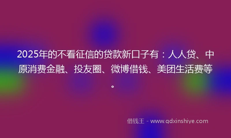 2025年的不看征信的贷款新口子有：人人贷、中原消费金融、投友圈、微博借钱、美团生活费等。
