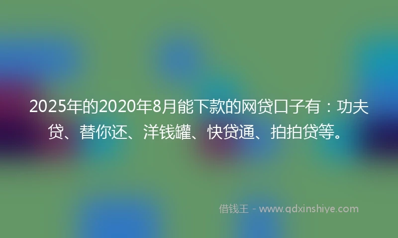 2025年的2020年8月能下款的网贷口子有：功夫贷、替你还、洋钱罐、快贷通、拍拍贷等。