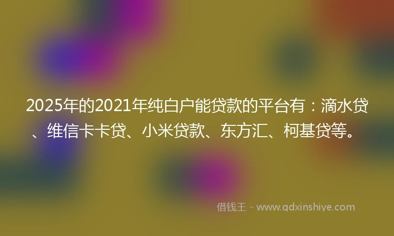 2025年的2021年纯白户能贷款的平台有：滴水贷、维信卡卡贷、小米贷款、东方汇、柯基贷等。