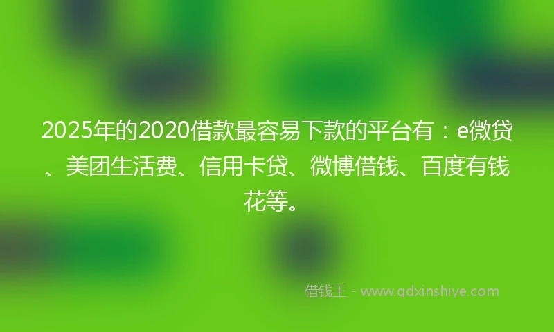 2025年的2020借款最容易下款的平台有：e微贷、美团生活费、信用卡贷、微博借钱、百度有钱花等。