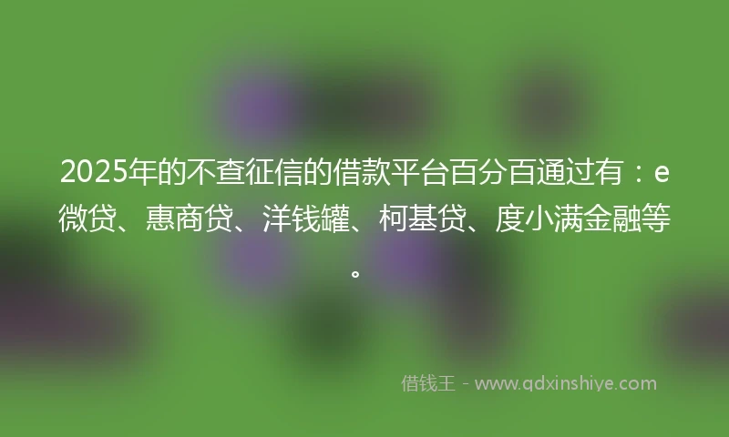 2025年的不查征信的借款平台百分百通过有：e微贷、惠商贷、洋钱罐、柯基贷、度小满金融等。