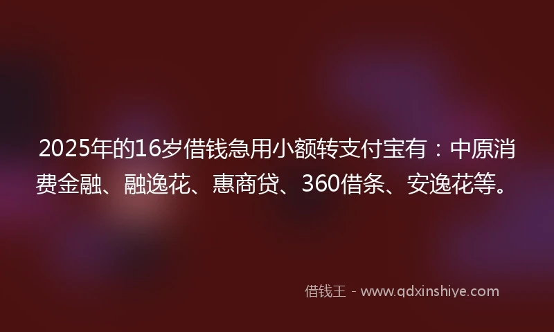 2025年的16岁借钱急用小额转支付宝有：中原消费金融、融逸花、惠商贷、360借条、安逸花等。
