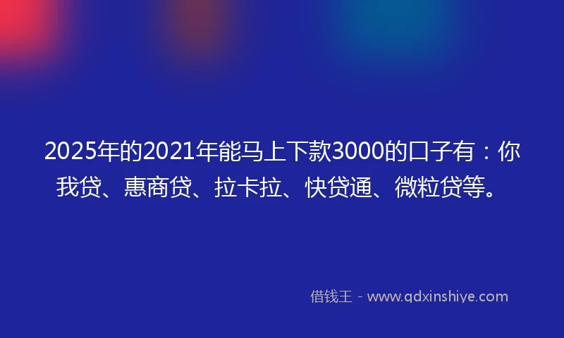 2025年的2021年能马上下款3000的口子有：你我贷、惠商贷、拉卡拉、快贷通、微粒贷等。