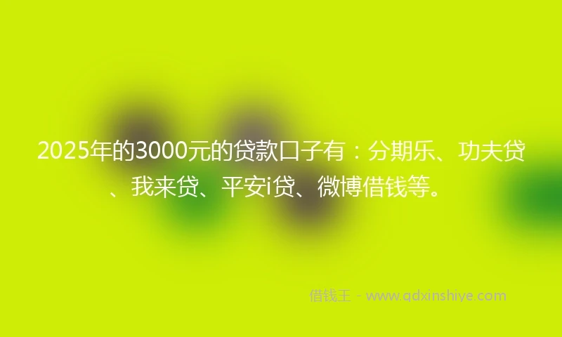 2025年的3000元的贷款口子有：分期乐、功夫贷、我来贷、平安i贷、微博借钱等。
