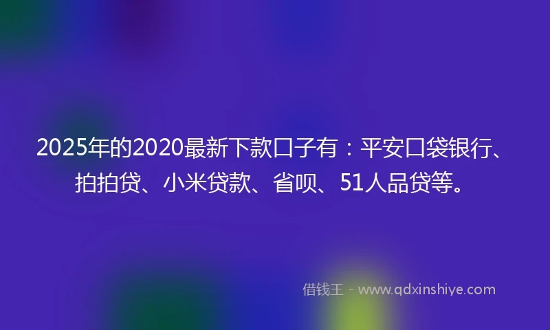 2025年的2020最新下款口子有：平安口袋银行、拍拍贷、小米贷款、省呗、51人品贷等。