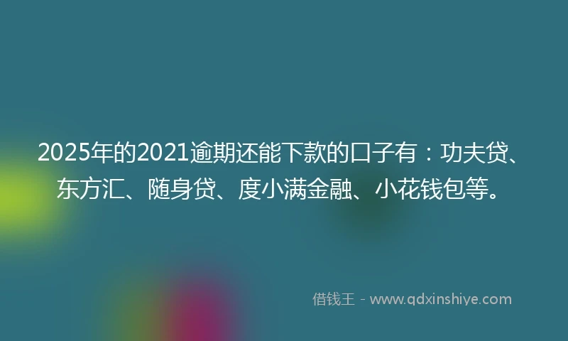 2025年的2021逾期还能下款的口子有：功夫贷、东方汇、随身贷、度小满金融、小花钱包等。