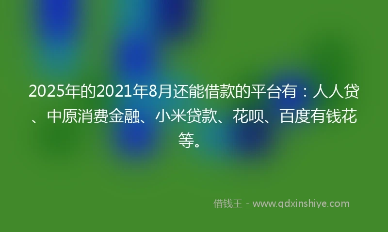 2025年的2021年8月还能借款的平台有：人人贷、中原消费金融、小米贷款、花呗、百度有钱花等。