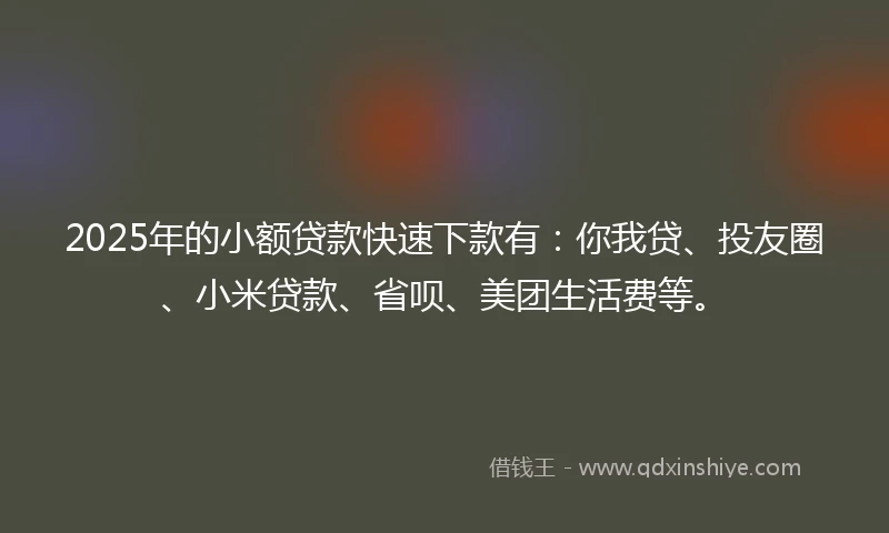 2025年的小额贷款快速下款有：你我贷、投友圈、小米贷款、省呗、美团生活费等。