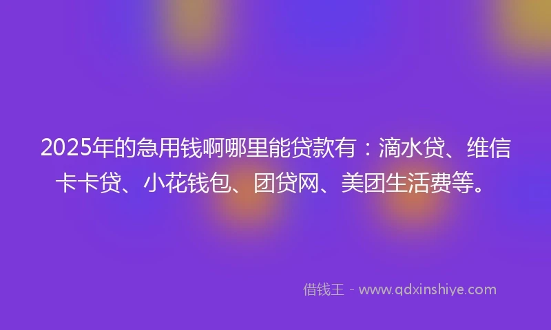 2025年的急用钱啊哪里能贷款有：滴水贷、维信卡卡贷、小花钱包、团贷网、美团生活费等。