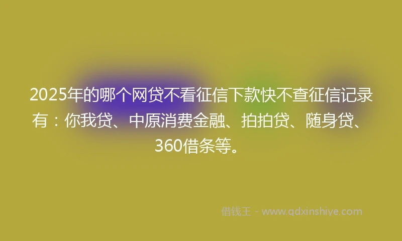 2025年的哪个网贷不看征信下款快不查征信记录有：你我贷、中原消费金融、拍拍贷、随身贷、360借条等。