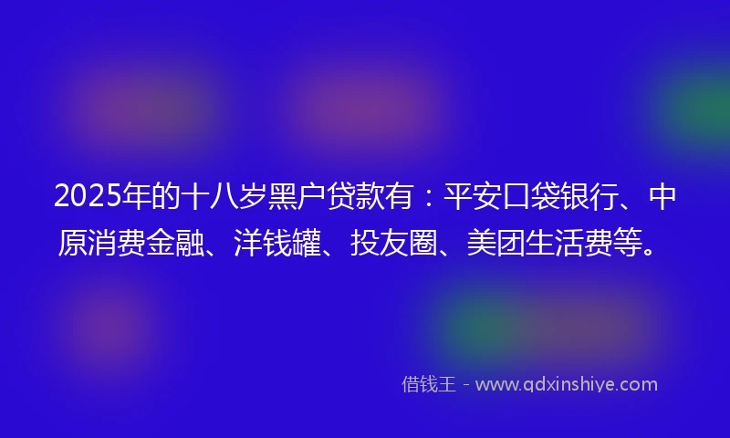2025年的十八岁黑户贷款有：平安口袋银行、中原消费金融、洋钱罐、投友圈、美团生活费等。