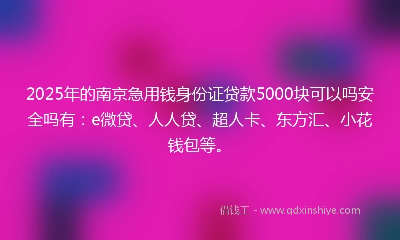 2025年的南京急用钱身份证贷款5000块可以吗安全吗有：e微贷、人人贷、超人卡、东方汇、小花钱包等。