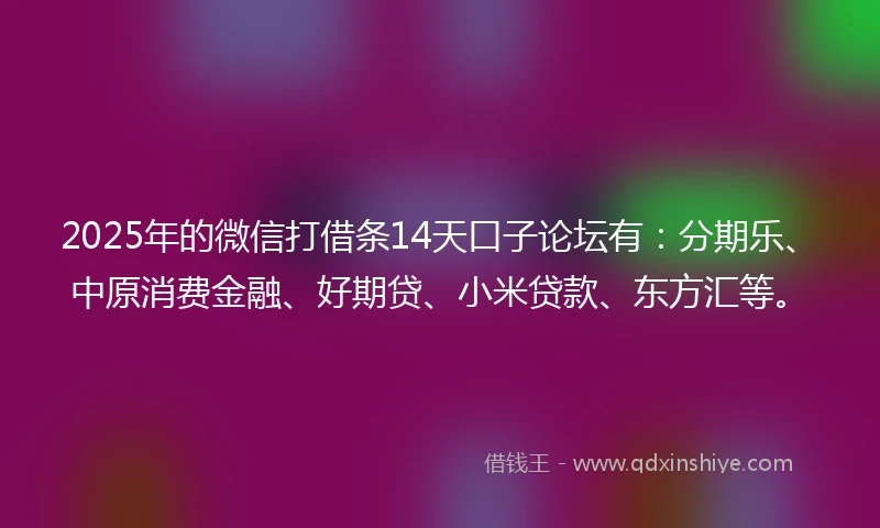 2025年的微信打借条14天口子论坛有：分期乐、中原消费金融、好期贷、小米贷款、东方汇等。
