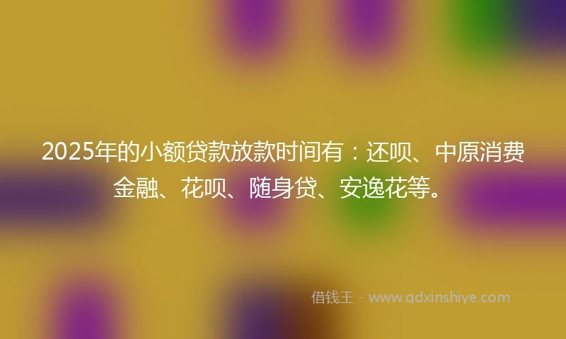 2025年的小额贷款放款时间有：还呗、中原消费金融、花呗、随身贷、安逸花等。