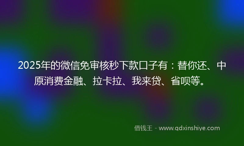 2025年的微信免审核秒下款口子有：替你还、中原消费金融、拉卡拉、我来贷、省呗等。
