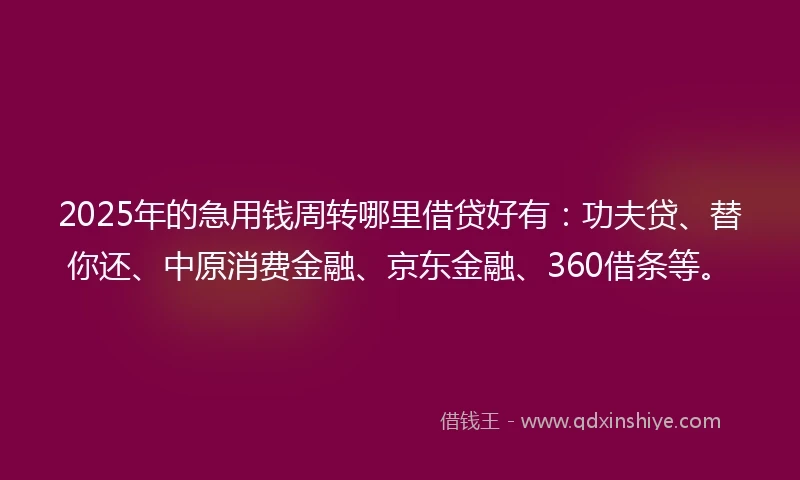 2025年的急用钱周转哪里借贷好有：功夫贷、替你还、中原消费金融、京东金融、360借条等。