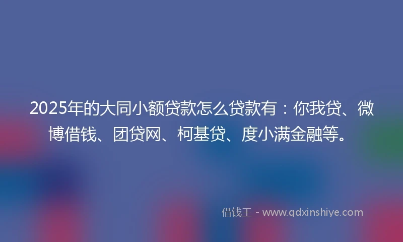 2025年的大同小额贷款怎么贷款有：你我贷、微博借钱、团贷网、柯基贷、度小满金融等。
