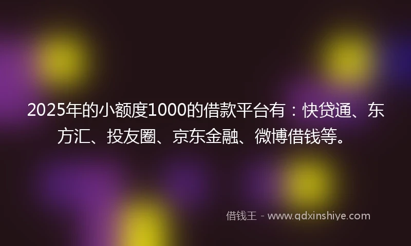 2025年的小额度1000的借款平台有：快贷通、东方汇、投友圈、京东金融、微博借钱等。