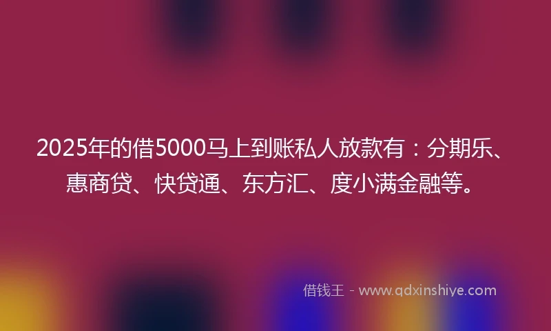 2025年的借5000马上到账私人放款有：分期乐、惠商贷、快贷通、东方汇、度小满金融等。