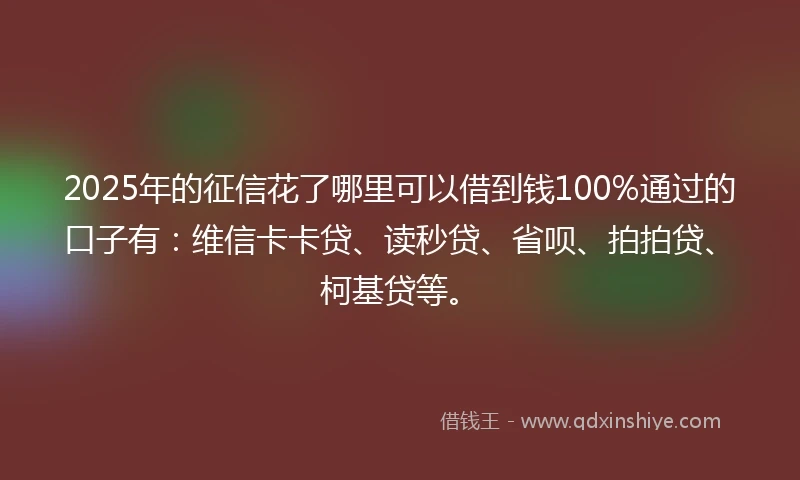 2025年的征信花了哪里可以借到钱100%通过的口子有：维信卡卡贷、读秒贷、省呗、拍拍贷、柯基贷等。