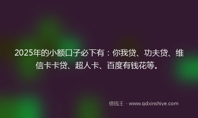 2025年的小额口子必下有：你我贷、功夫贷、维信卡卡贷、超人卡、百度有钱花等。