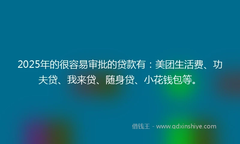 2025年的很容易审批的贷款有：美团生活费、功夫贷、我来贷、随身贷、小花钱包等。