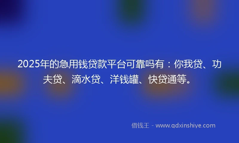 2025年的急用钱贷款平台可靠吗有：你我贷、功夫贷、滴水贷、洋钱罐、快贷通等。