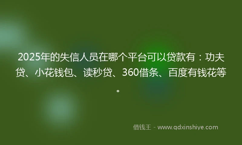 2025年的失信人员在哪个平台可以贷款有：功夫贷、小花钱包、读秒贷、360借条、百度有钱花等。