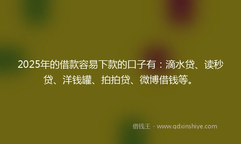 2025年的借款容易下款的口子有：滴水贷、读秒贷、洋钱罐、拍拍贷、微博借钱等。