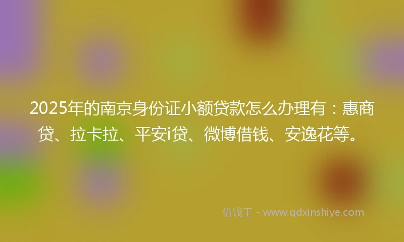 2025年的南京身份证小额贷款怎么办理有：惠商贷、拉卡拉、平安i贷、微博借钱、安逸花等。