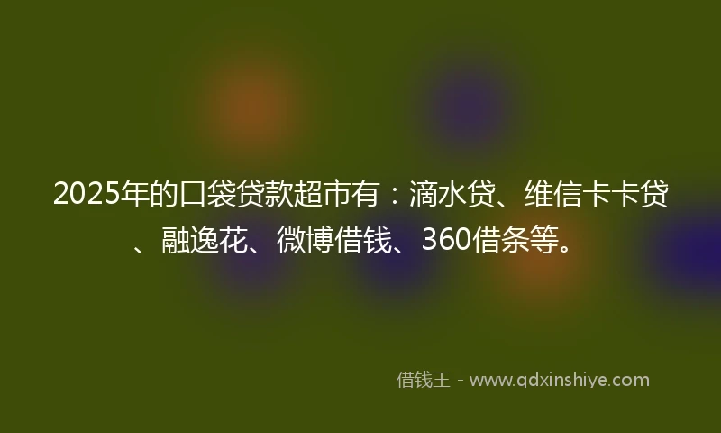 2025年的口袋贷款超市有：滴水贷、维信卡卡贷、融逸花、微博借钱、360借条等。