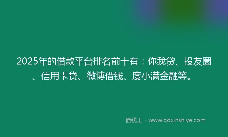 2025年的借款平台排名前十有：你我贷、投友圈、信用卡贷、微博借钱、度小满金融等。