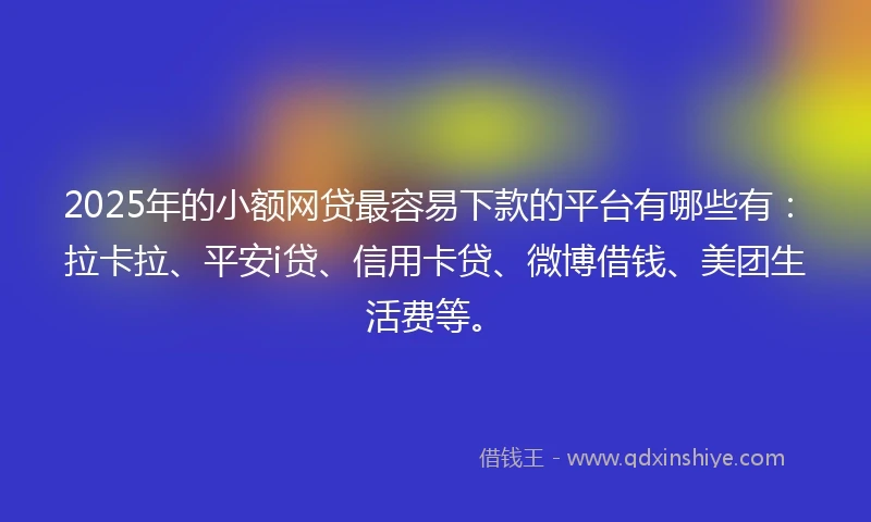 2025年的小额网贷最容易下款的平台有哪些有：拉卡拉、平安i贷、信用卡贷、微博借钱、美团生活费等。