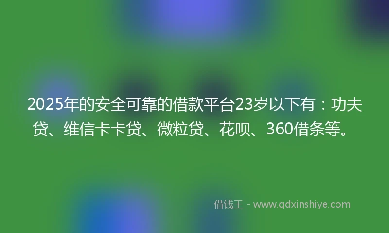 2025年的安全可靠的借款平台23岁以下有：功夫贷、维信卡卡贷、微粒贷、花呗、360借条等。