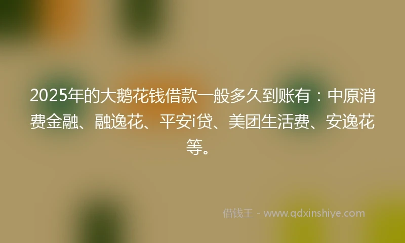 2025年的大鹅花钱借款一般多久到账有：中原消费金融、融逸花、平安i贷、美团生活费、安逸花等。