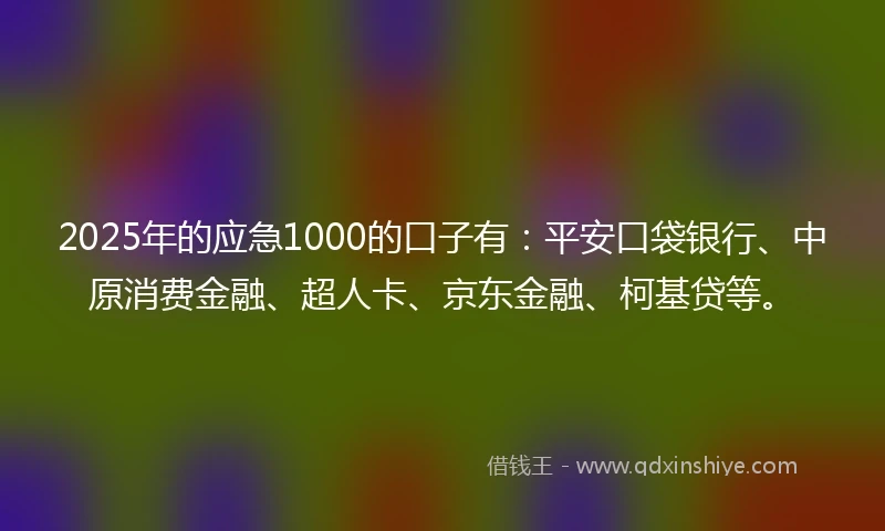2025年的应急1000的口子有：平安口袋银行、中原消费金融、超人卡、京东金融、柯基贷等。