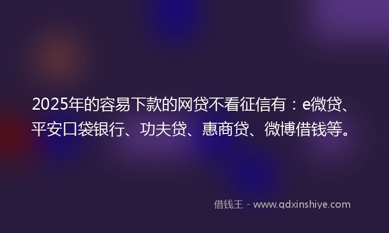 2025年的容易下款的网贷不看征信有：e微贷、平安口袋银行、功夫贷、惠商贷、微博借钱等。
