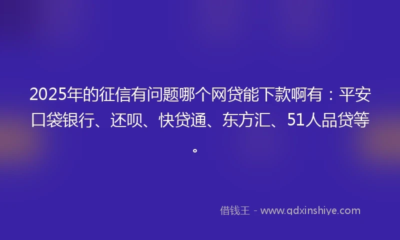 2025年的征信有问题哪个网贷能下款啊有：平安口袋银行、还呗、快贷通、东方汇、51人品贷等。