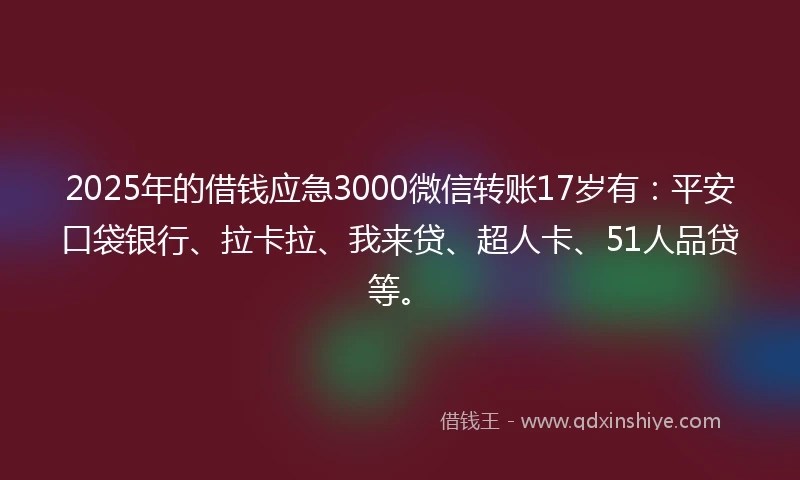 2025年的借钱应急3000微信转账17岁有：平安口袋银行、拉卡拉、我来贷、超人卡、51人品贷等。